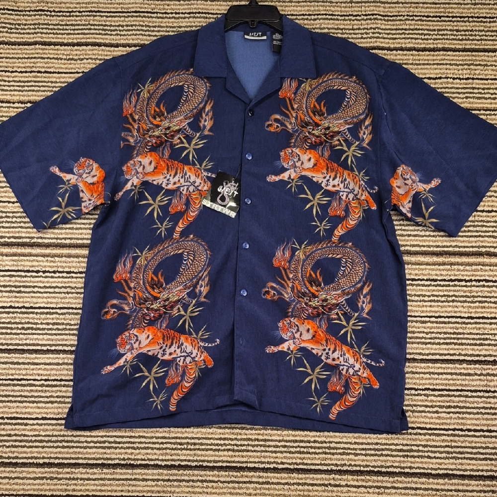 JET Streetwear Dark Navy Orange‎ Tigers Dragons Poly Sz L Mens Shirt Y2K VTG NEW